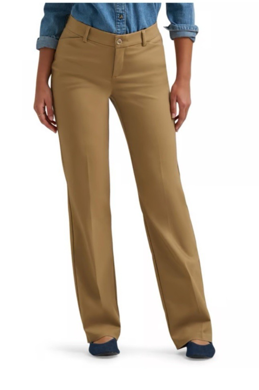 Lee Womens Ultra Lux Comfort Trousers Size 12 Long Mid Rise Flex Comfort Khaki